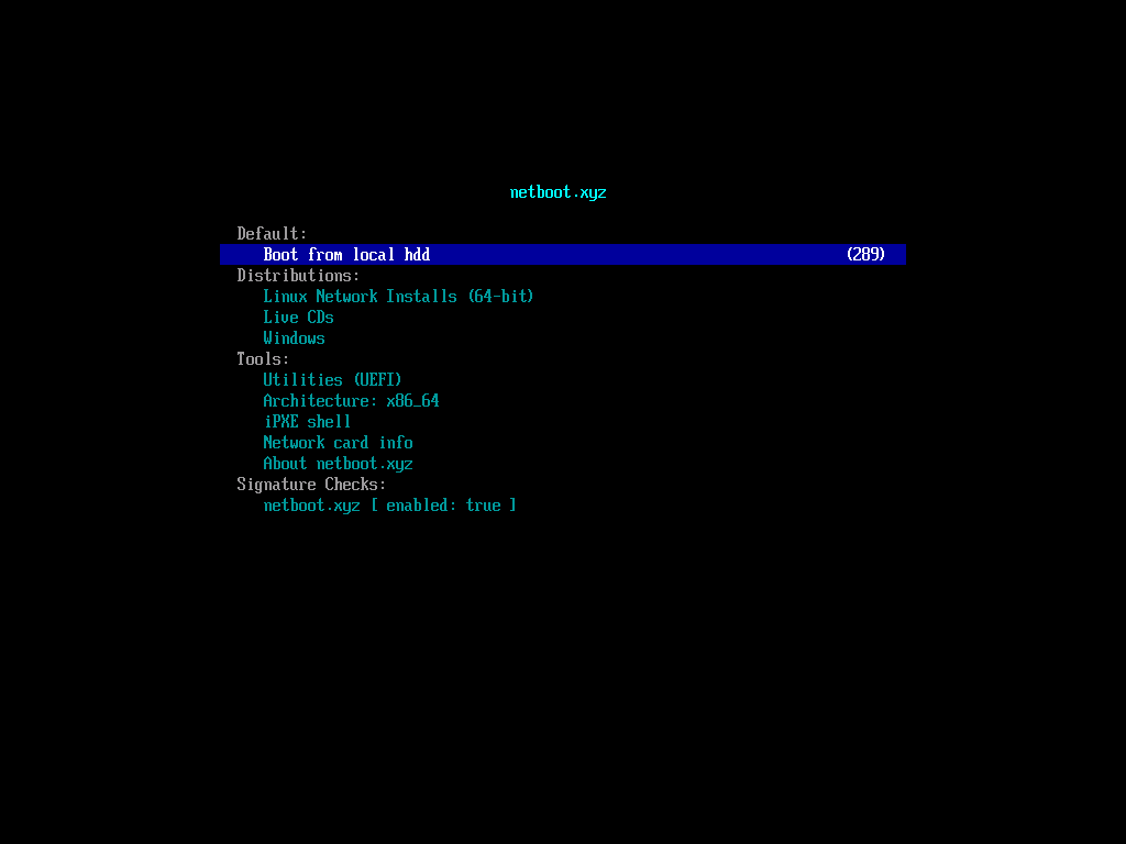 image of the pxe boot main menu loaded by our DHCP server from the netboot.xyz docker container.