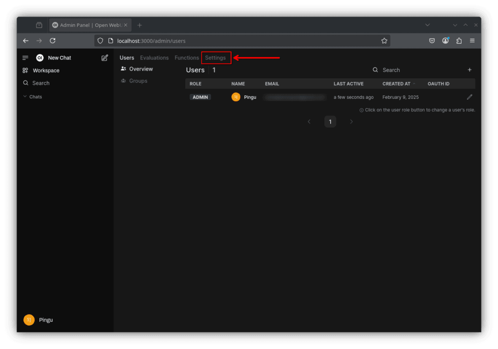 Admin settings interface - note that it defaults to the users screen